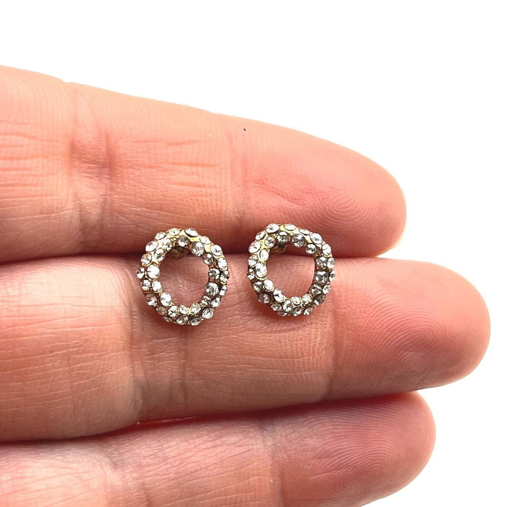AB‎ Gold Tone Clear Crystal Pavé Open Circle Stud Earrings Dainty Jewelry